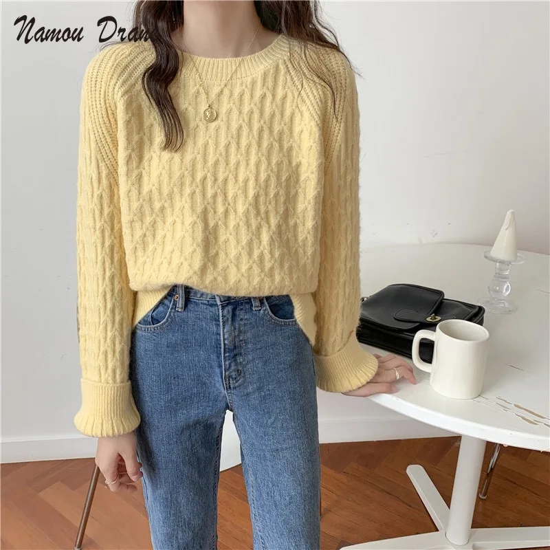 

Винтажный шикарный свитер с круглым вырезом, женские клетчатые вязаные топы с узором ромбиками, повседневный Свободный теплый вязаный джем...