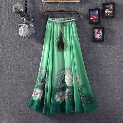 Харадзюку Винтаж Макси Юбки Женские однотонные Boho шифон Saia Longa Лето Тюль повседневные богемные длинные юбки женская одежда - Цвет: lvse kognque