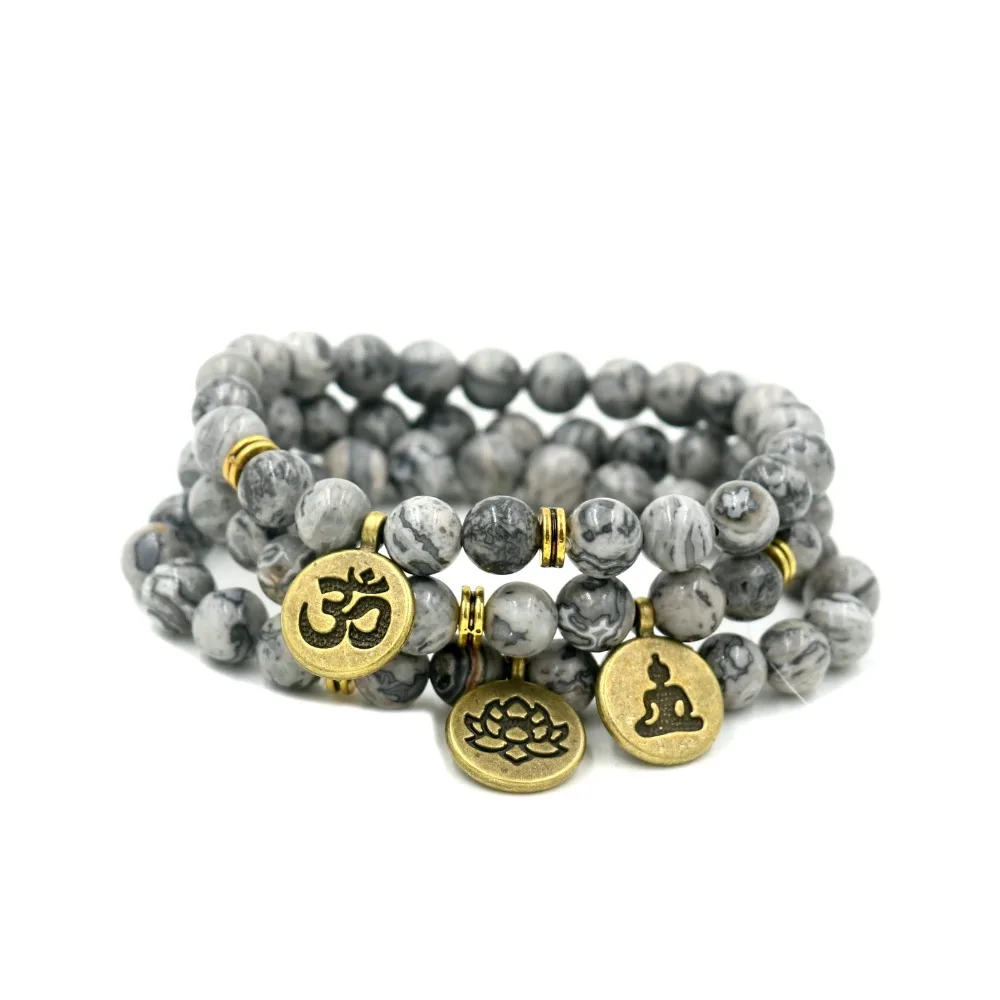 Серый браслет Howlite из мраморного камня Будды OM Lotus ниток женские браслеты для йоги