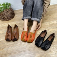 2021 new high quality leather casual mixed color lace retro light handmade womens shoes autumn flat shoes womens shoes