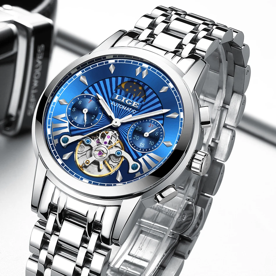 Часы наручные LIGE Мужские автоматические брендовые Роскошные водонепроницаемые