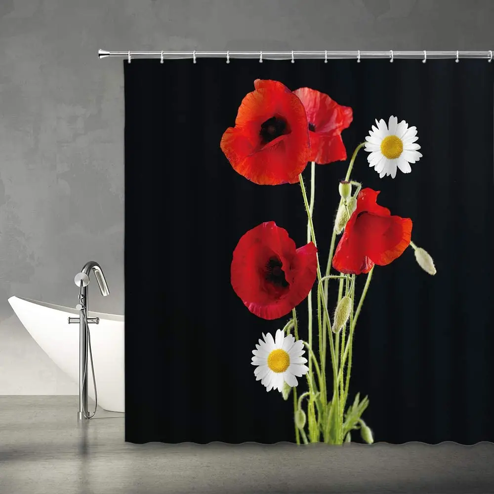 Занавеска для душа с рисунком мака Современная штора из полиэстера красным