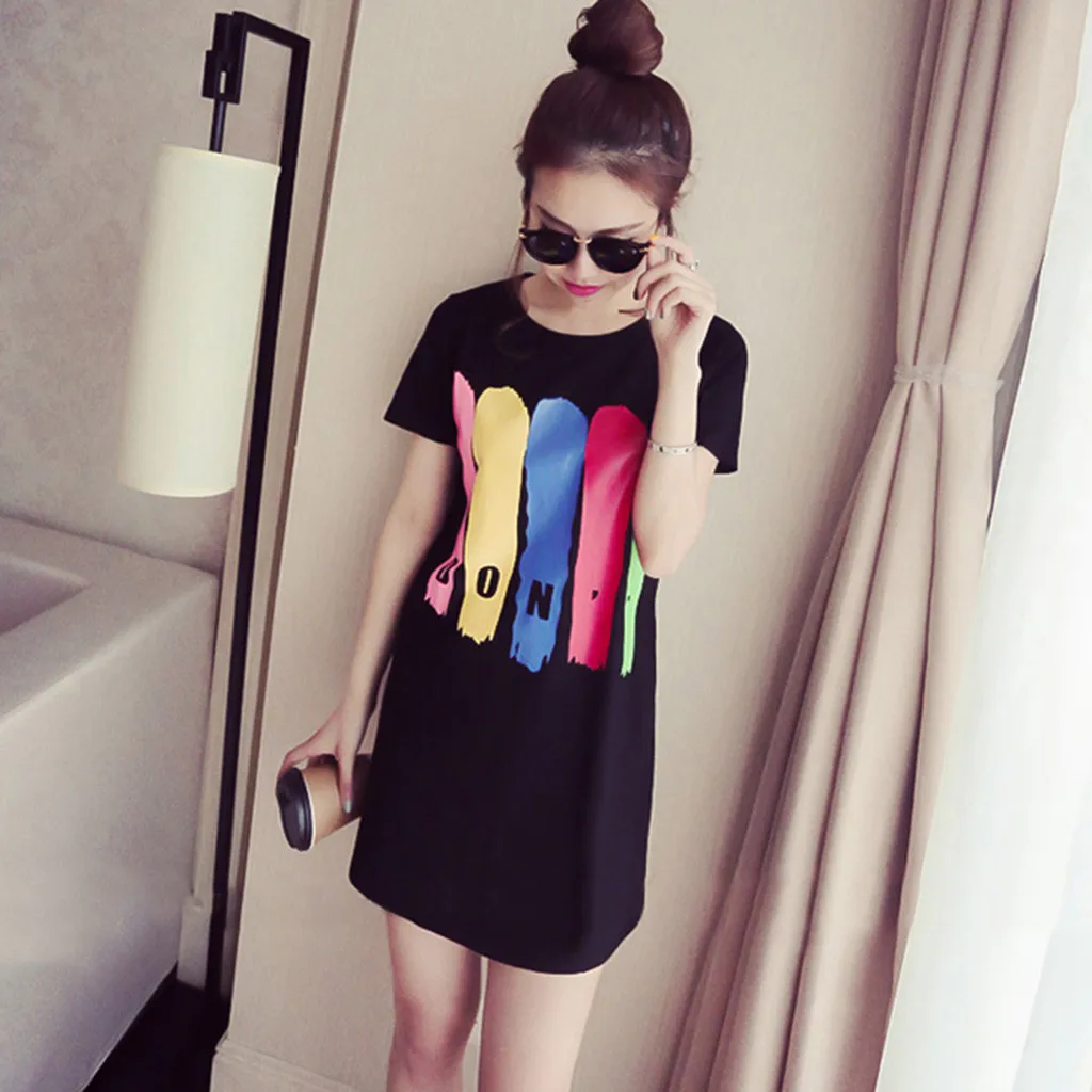 Женское платье-футболка с коротким рукавом круглым вырезом и | Женская одежда