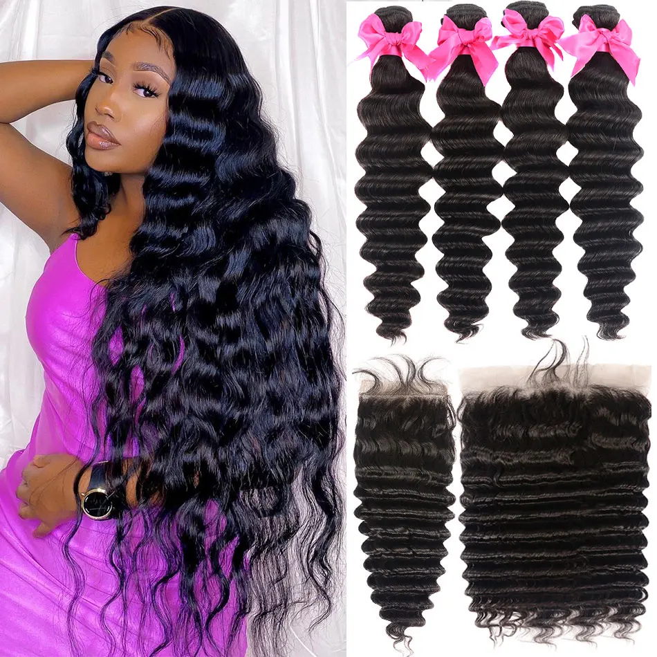 13X4 Lace Frontal with Bundles Peruvian Loose Deep Wave Bundles with Closure 5X5 HD Lace Closure with Bundles Remy Human Hair