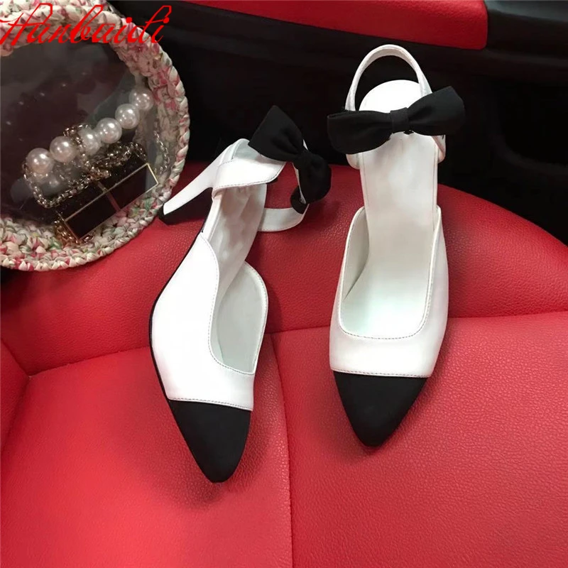 

Fashion Bow Knot Women Pumps Genuine Leather Woman Sandals Patchwork Leather Ankle Strap Ladies Party Shoes Designer Shoes Women