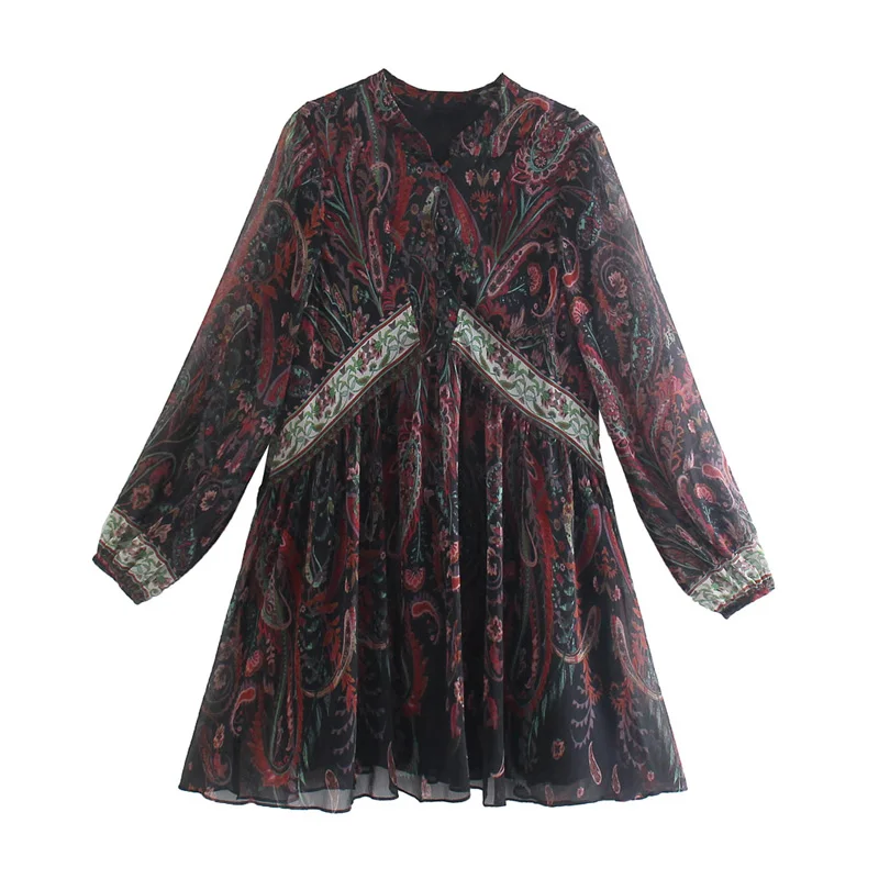

2021 printed flowing dress women's clothing round neck long sleeves button-up short dress Ladies Vintage fashion mini dress