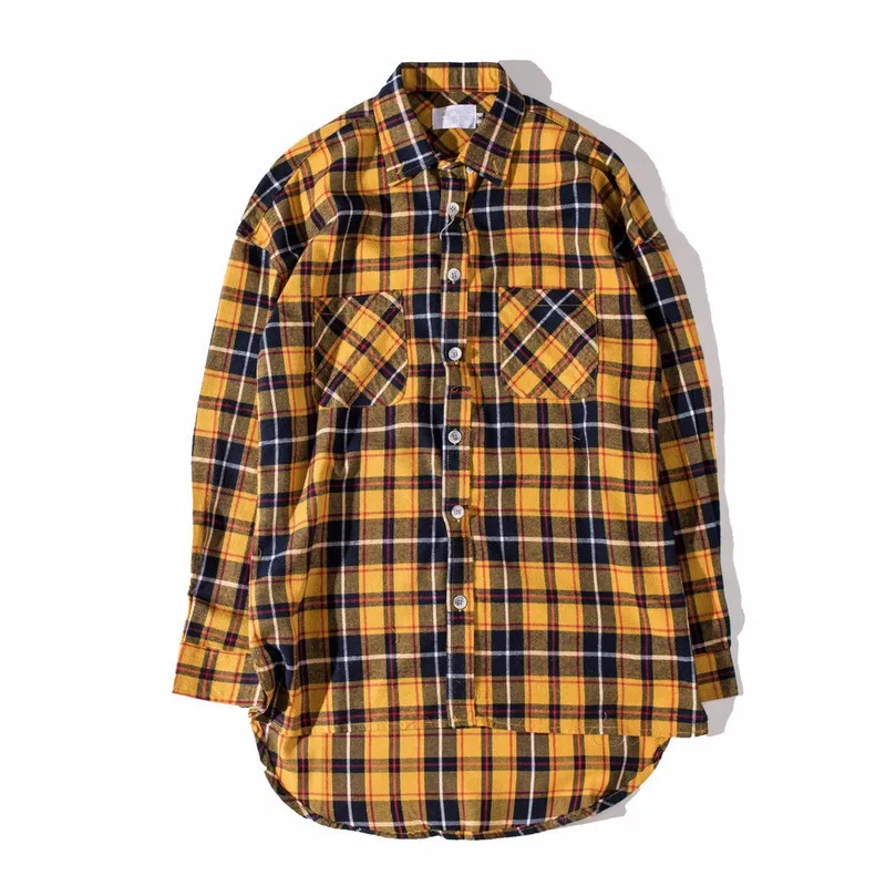 black yellow plaid Темно-икона фланелевая клетчатая рубашка мужская хип-хоп рубашка уличная негабаритная изогнутая кромка хипстер Мужская рубашка с длинным рукавом 2 желтого цвета - Цвет: black yellow plaid