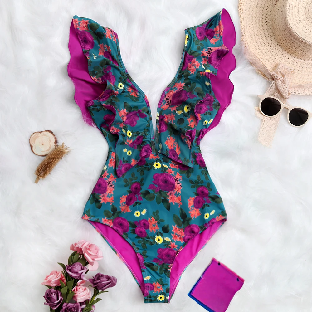 2021 New Sexy Ruffle Print Floral One Piece Swimsuit Off The Shoulder Swimwear Women Solid Deep-V Beachwear Bathing Suit Monkini