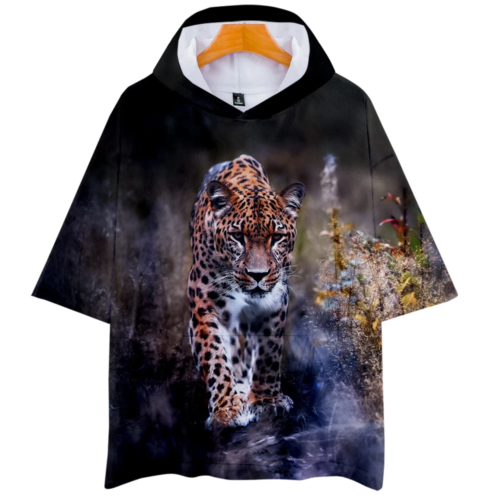 

Парные Забавные футболки с капюшоном с 3D принтом животных леопардовые женские/мужские летние футболки с коротким рукавом Харадзюку повсед...