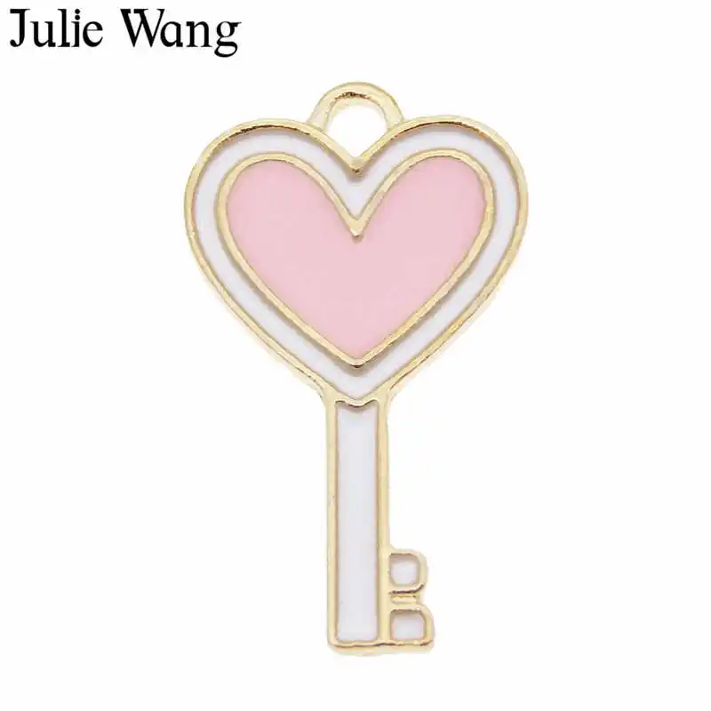 Julie Wang 10 шт. эмалированный розовый брелок в форме сердца подвески из сплава