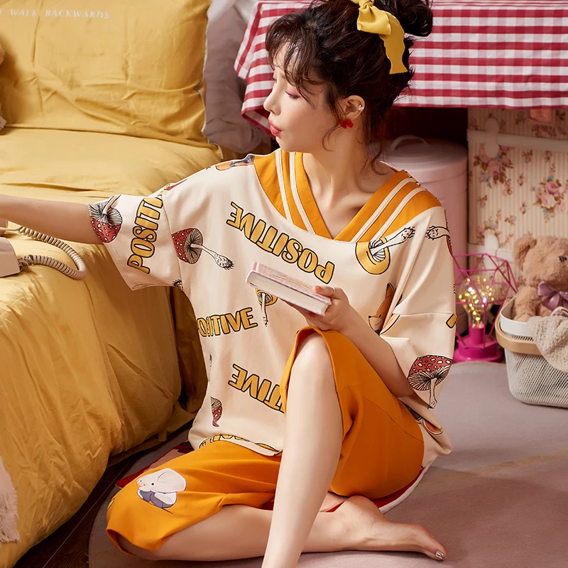 

Летний пижамный комплект, Хлопковая женская пижама с коротким рукавом, Милая Ночная рубашка с мультяшным рисунком, Женская домашняя одежда ...