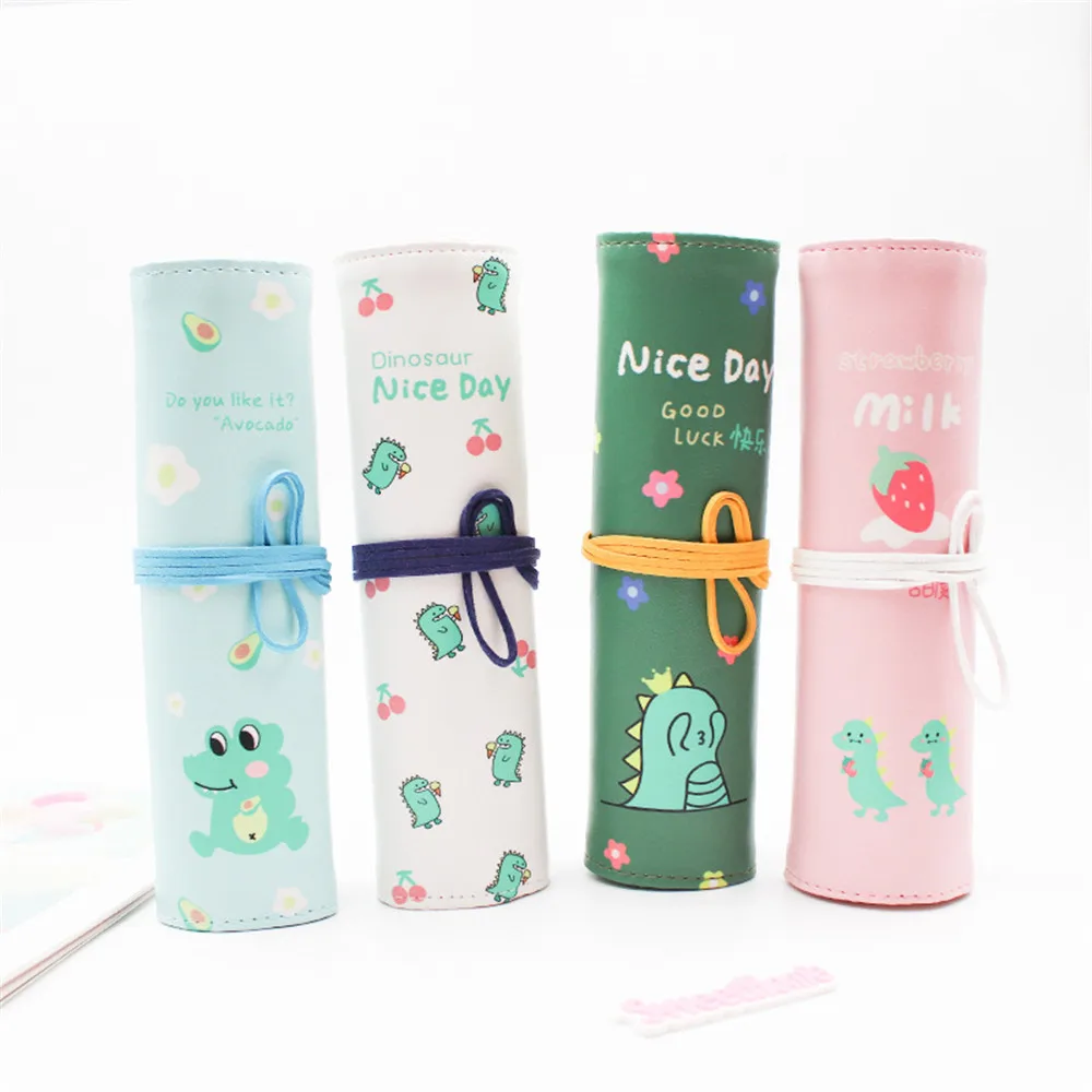 

1pc Cute Cartoon Dinosaur Roll Up Pencil Bag Stationery Large Capacity Pencil Case Pen Holder Kids Kawaii Stationery Organizer