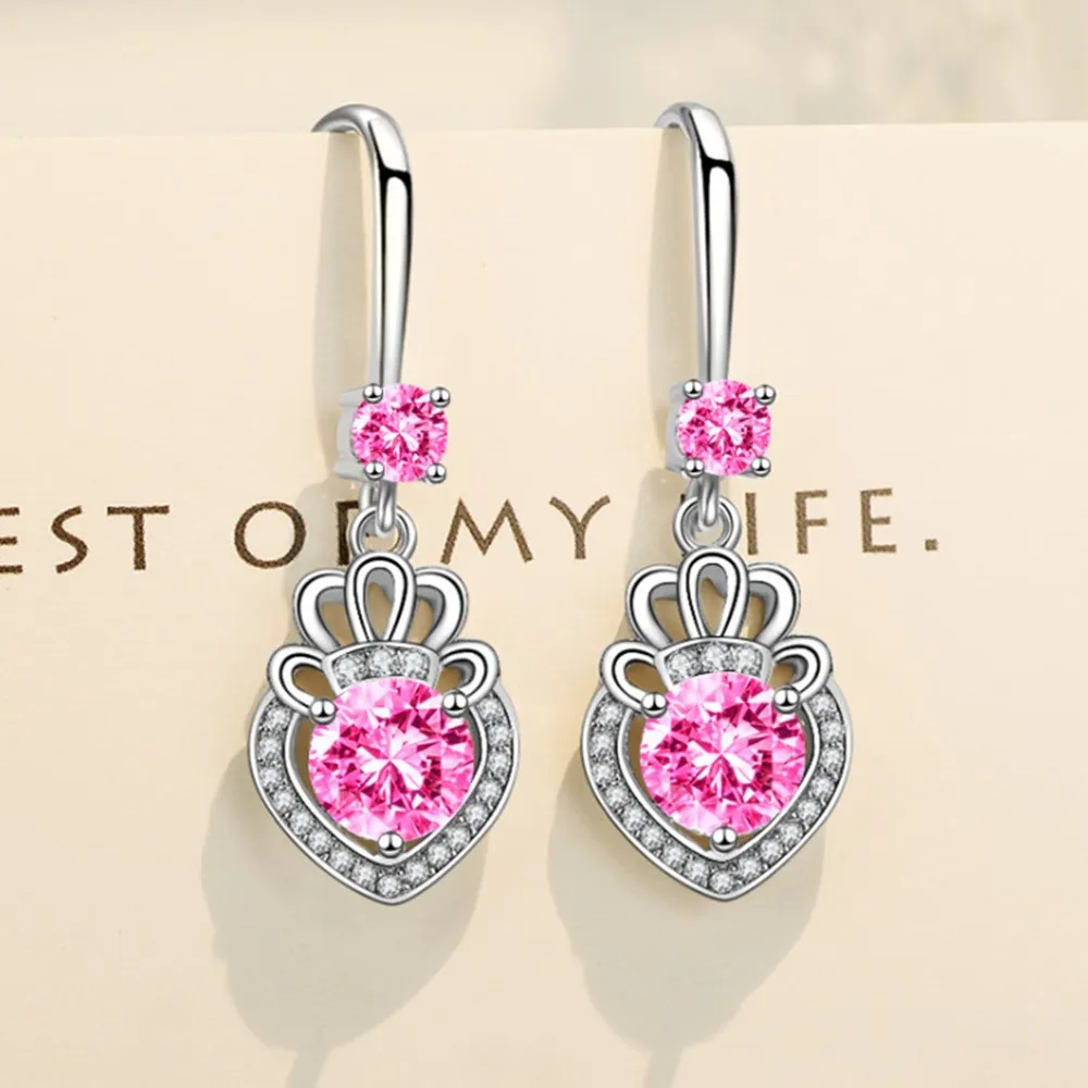 

925 Sterling Silver New Woman Fashion Jewelry Purple Pink Super Flash Crystal Zircon Heart-shaped Hoops Piercing Earrings