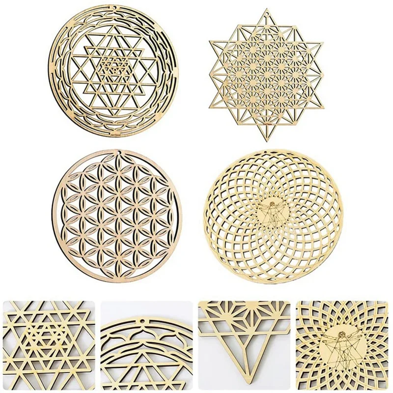 4Pcs Sacred Geometry Wall Art Flower Of Life Grid Wooden Accent Decor Crystal Board Sculpture | Дом и сад