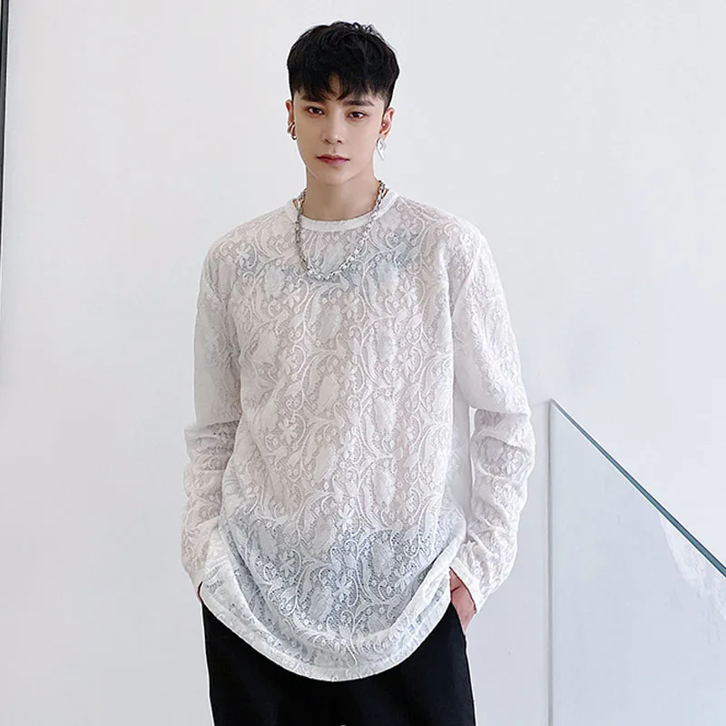 

Male Women Couple Streetwear Vintage Fashion Tees Shirts Men Jacquard Lace Translucent White Long Sleeve T-shirt Stage Clothing