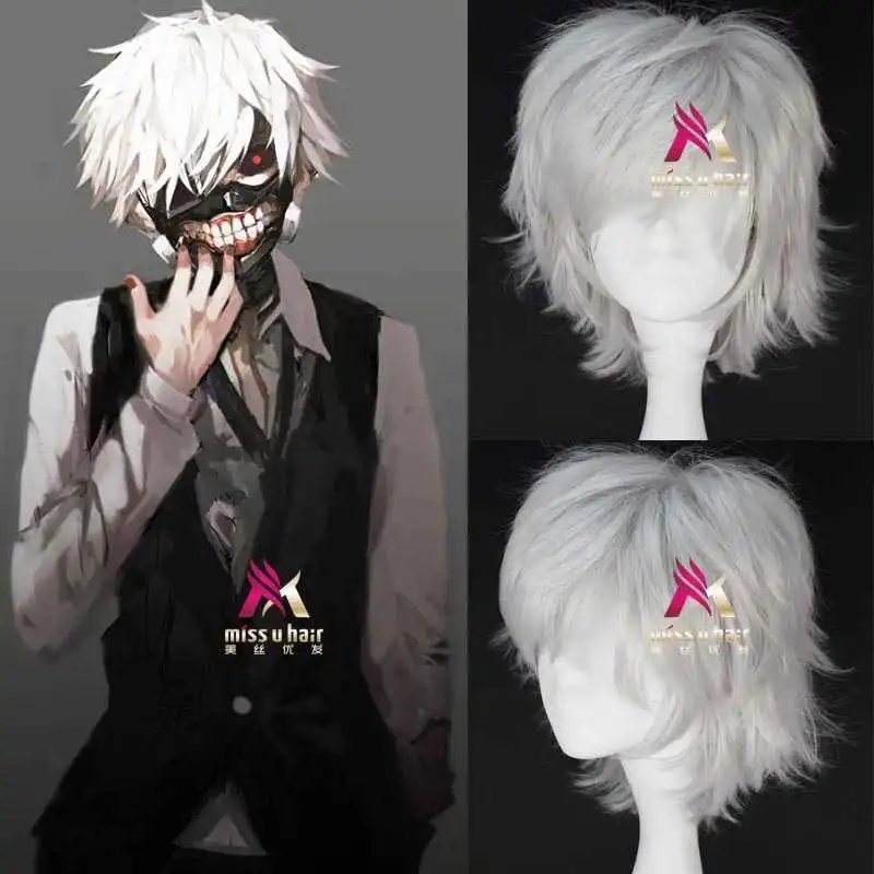 

Парики из аниме «Токийский Гуль» канеки Кен, короткие прямые синтетические волосы серебристо-серого цвета для косплея, термостойкие волосы с шапочкой