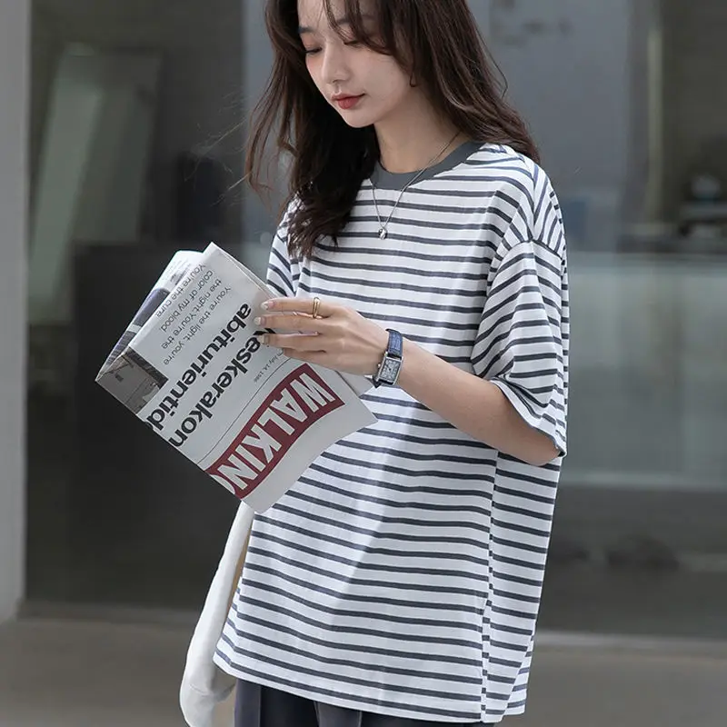 

Summer Loose Women T-Shirt Cotton Fabric Smooth Breathable Striped Top Streetwear Short Sleeve