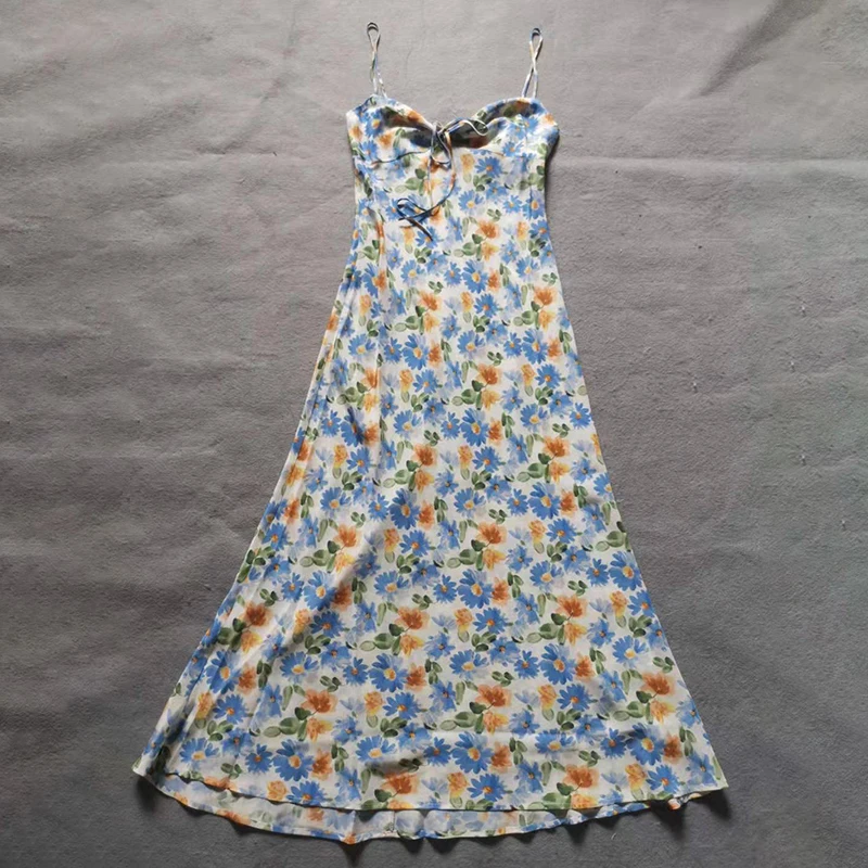 

CHICEVER Vintage Print Dress For Women V Neck Sleeveless High Waist Hit Color Loose Ankle Length Dresses Female 2021 New Clothes