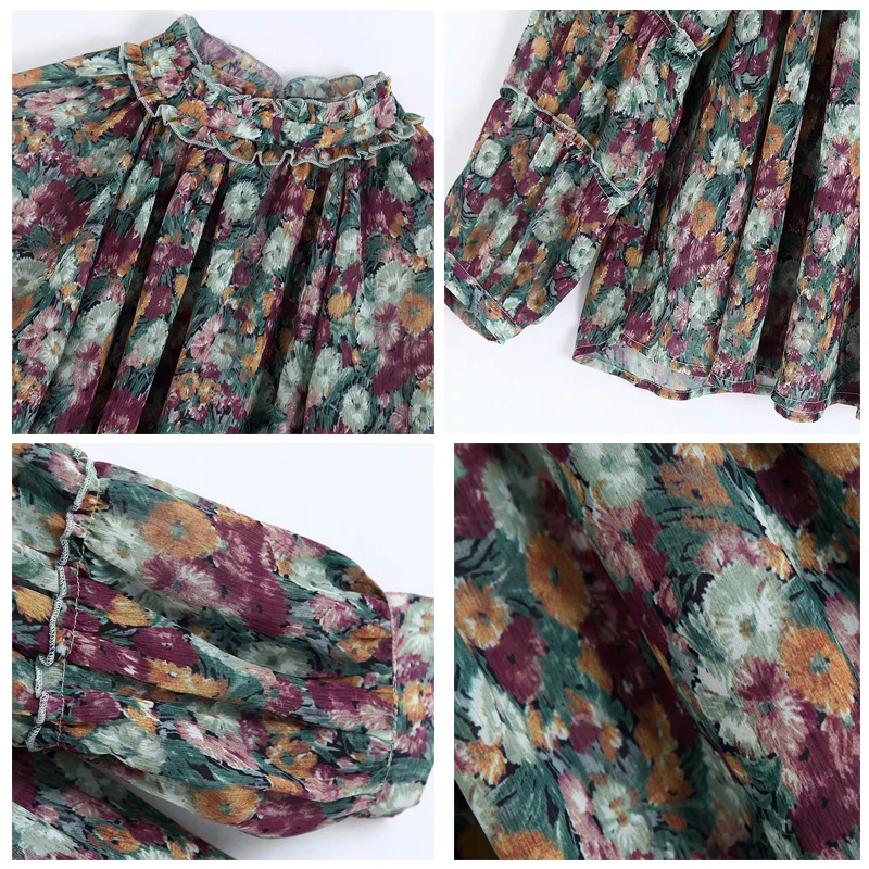 ROHOPO цветочные с длинным рукавом Блузка Полу Высокий воротник прозрачная оверлок