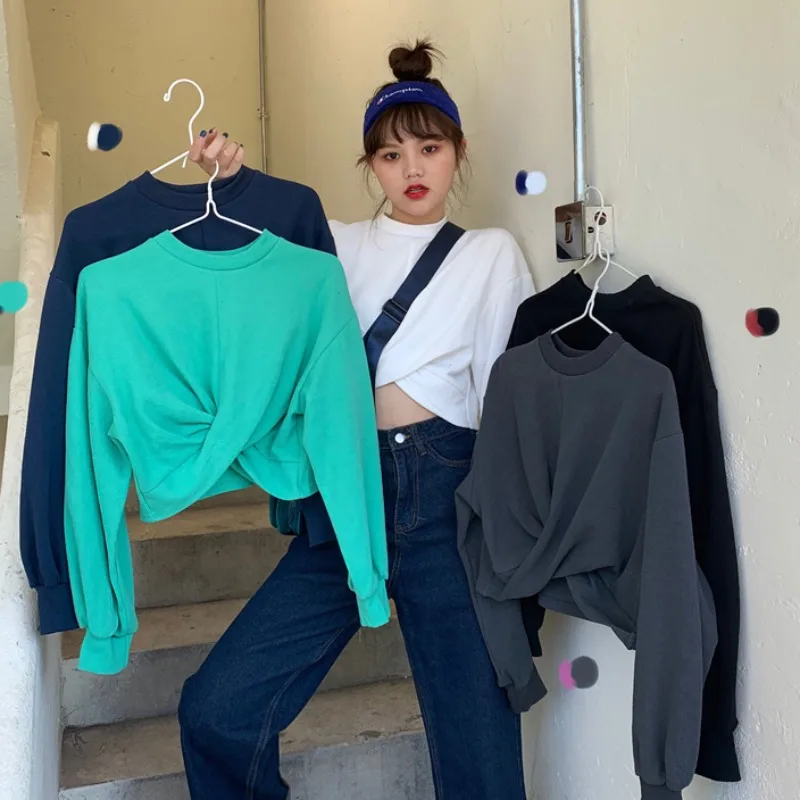

2020 Autumn Korean Style New Cross Loose Short Cropped Round Neck Women Ladies Long Sleeve Plus Size Running Clothing