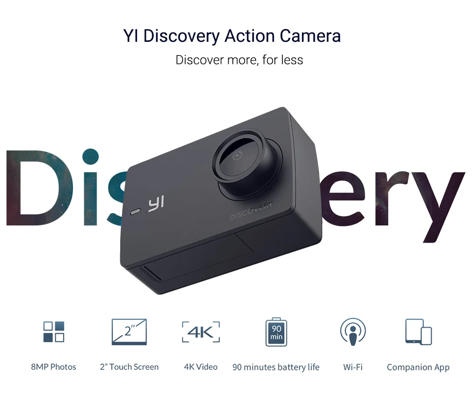 Экшн-камера YI для обнаружения 4K 20fps Спортивная камера 8MP 16MP с 2,0 сенсорным экраном Встроенный Wi-Fi 150 градусов ультра широкий угол