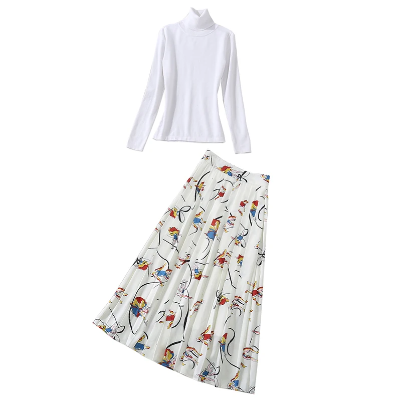 

women's clothes fall / winter fashion white knitted sweater turtleneck knitwear + print ankle length draped long maxi skirt