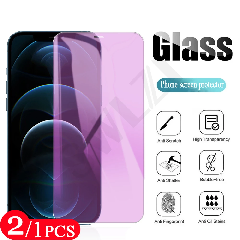 2/1Pcs Anti Blue Light protective for iphone 11 12 Mini Pro Max X XS XR SE 6 6s 7 8 Plus Tempered Glass Phone Screen Protector