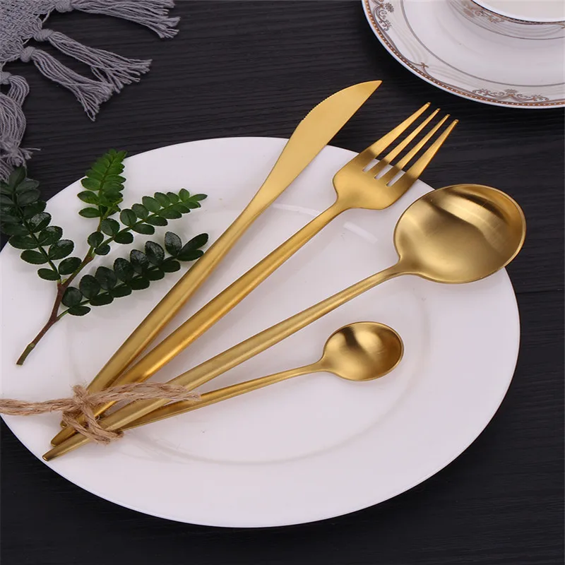 

Набор столовых приборов из нержавеющей стали, комплект из 4 матовых золотистых приборов, нож, вилка, ложка, столовое серебро, для кухвечерние