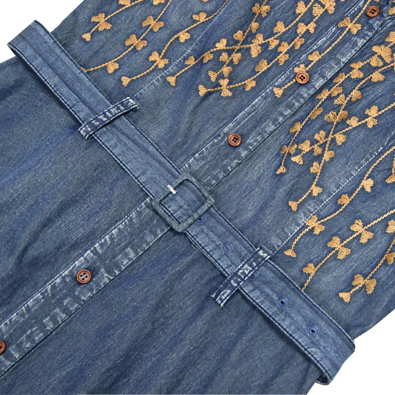 

Cotton Dress Women Spring Clothes Turn-Down Collar High Waist Jeans Dresses Elegant Embroidery Vintage A-Line Dress Robe Femme