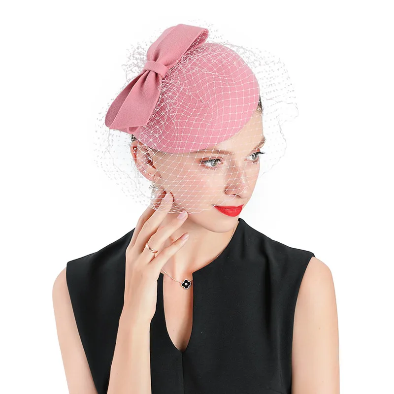 Pink fascinators hat Для торжественного случая Шапки для женщин на свадьбу или розовый Шляпа Fedora церкви Шапки шерсть с вуалью дот Кепки Для женщин бантом элегантная зимняя фетровая шляпка шерстяная шапка - Цвет: Pink fascinators hat