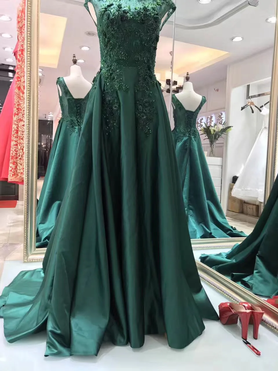 Зеленый Женское атласное вечернее платье SSYFashion, роскошное длинное бальное платье без рукавов, с цветочным кружевом и бисером, банкетное платье для свадебных торжеств и выпускных вечеринок - Цвет: Зеленый