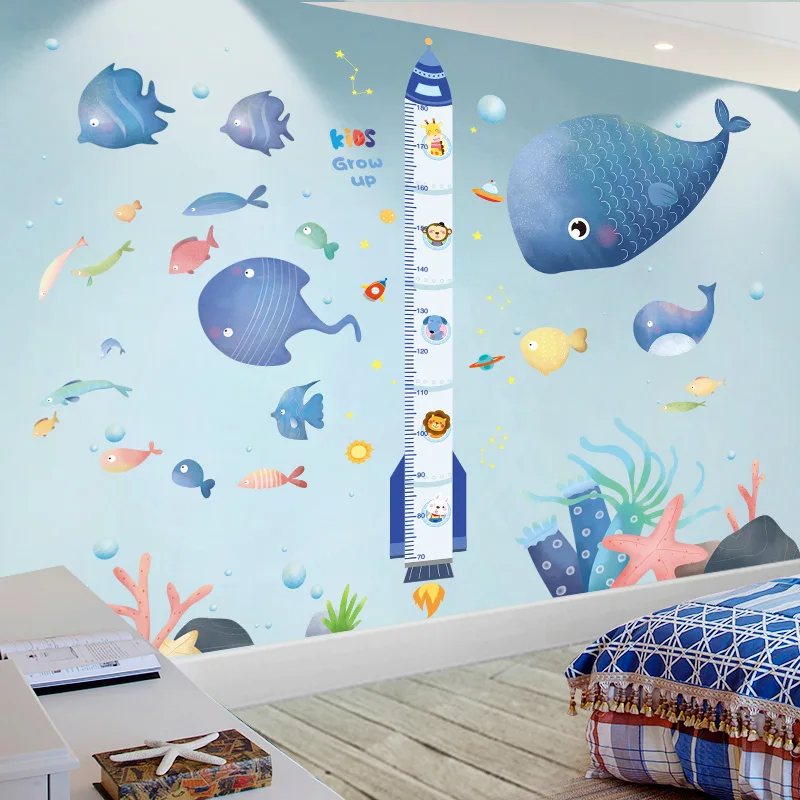 

[shijuekongjian] Cartoon Rocket Height Wall Stickers DIY Fish Animals Mural Decals for Kids Rooms Baby Bedroom Decoration