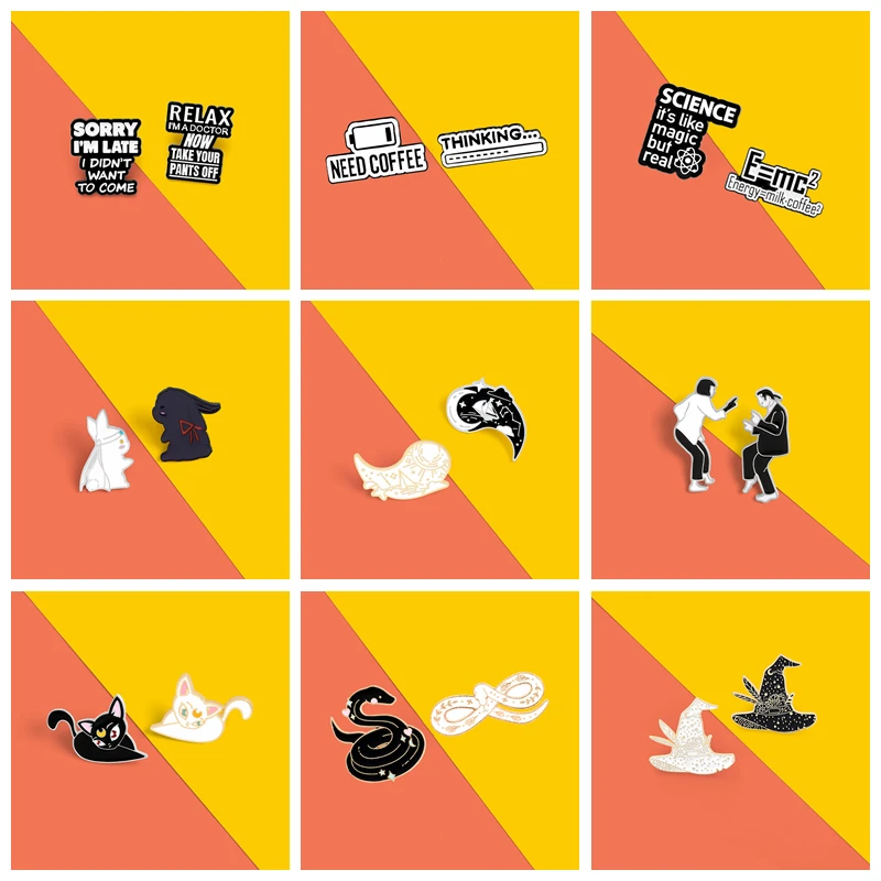 

2/PCS set Custom Black White Wizard Punk Enamel Pin Swing Dance Star Moon Witch Gothic anime Pins Badge Jewelry Cartoon Gifts