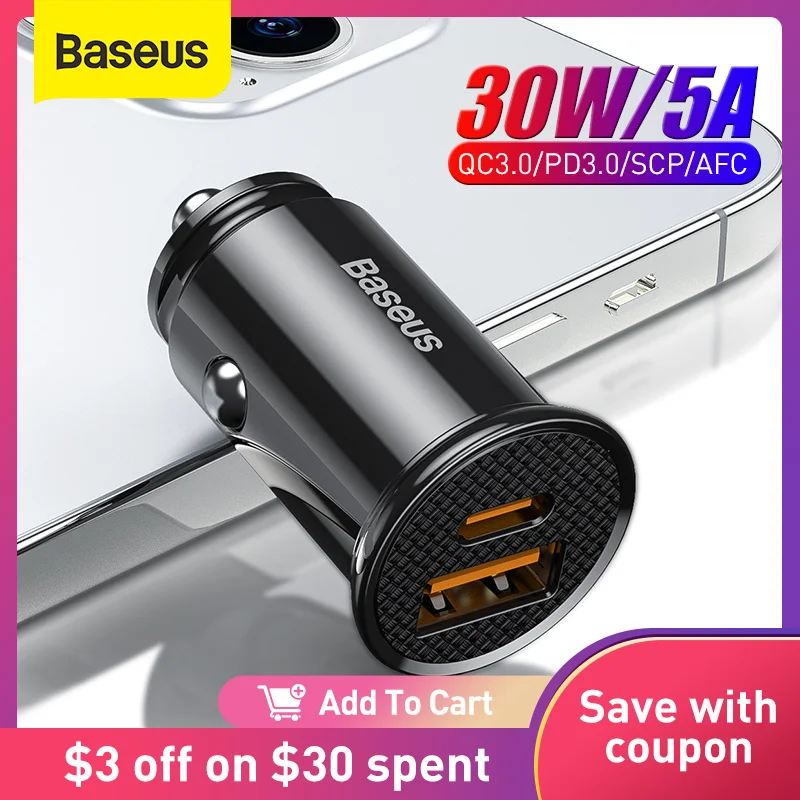 

Baseus 30W USB Car Charger Quick Charge 4.0 3.0 FCP SCP AFC USB PD Fast Charging Car Phone Charger For Huawei Xiaomi iPhone 12