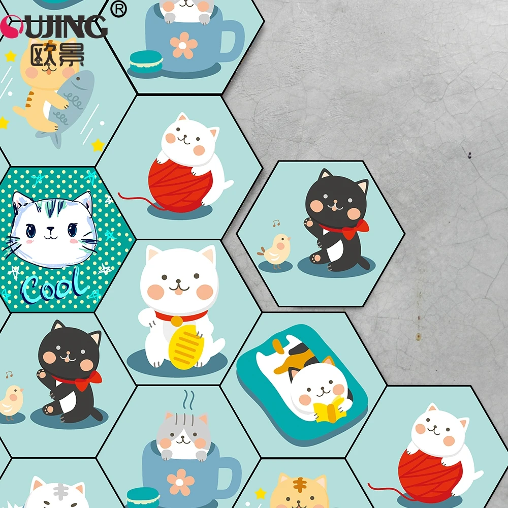 Мультяшная Шестигранная напольная плитка с милым котенком наклейка на стену