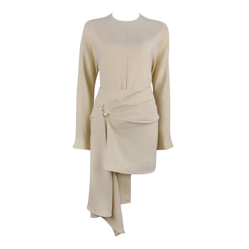 

[DEAT] Dress Two Pieces Suit New Round Neck Long Sleeve Slim Women Apricot Asymmetrical High Fashion Tide Summer 2021 7E0244