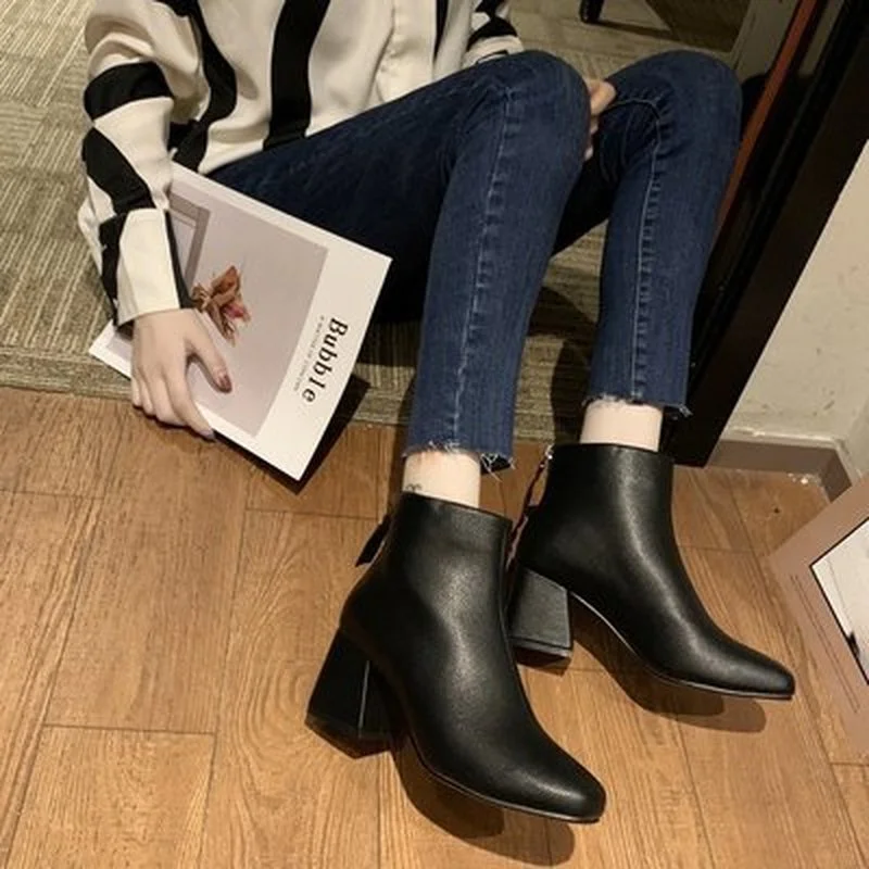 

2021 spring winter classic solid color woman boots chunky high heels women ankle boots motorcycle boots