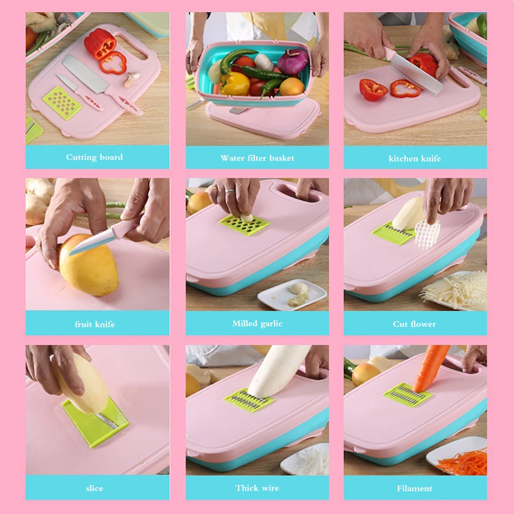 collapsible cutting board with colander silicone multifunction camping foldable chopping blocks vegetable tub kitchen gadgets free global shipping