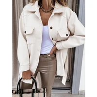 autumn winter long sleeve pea coats women collar buttons pockets wool blend jackets female single breasted medium length clothes