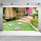 Фон для детской фотосъемки с изображением деревянной стены сада цветов травы животных