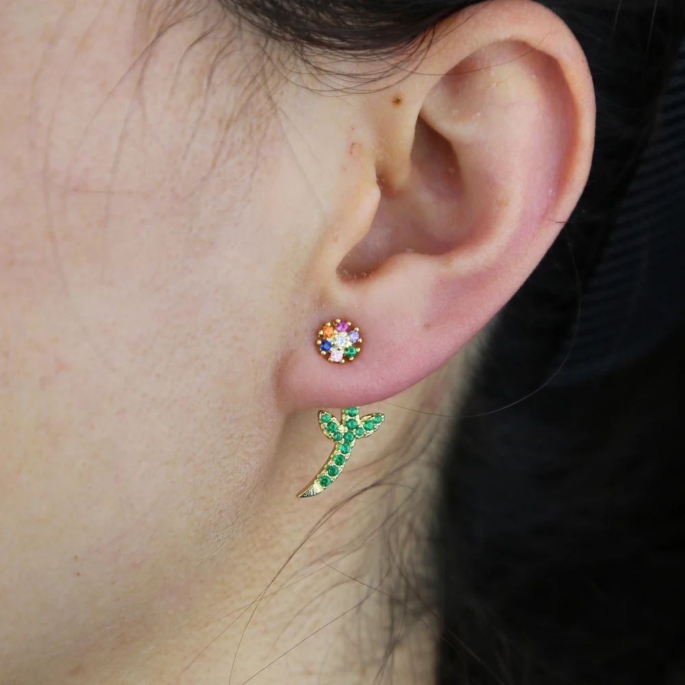 Женские Двухсторонние серьги гвоздики золотистые блестящие с разноцветными