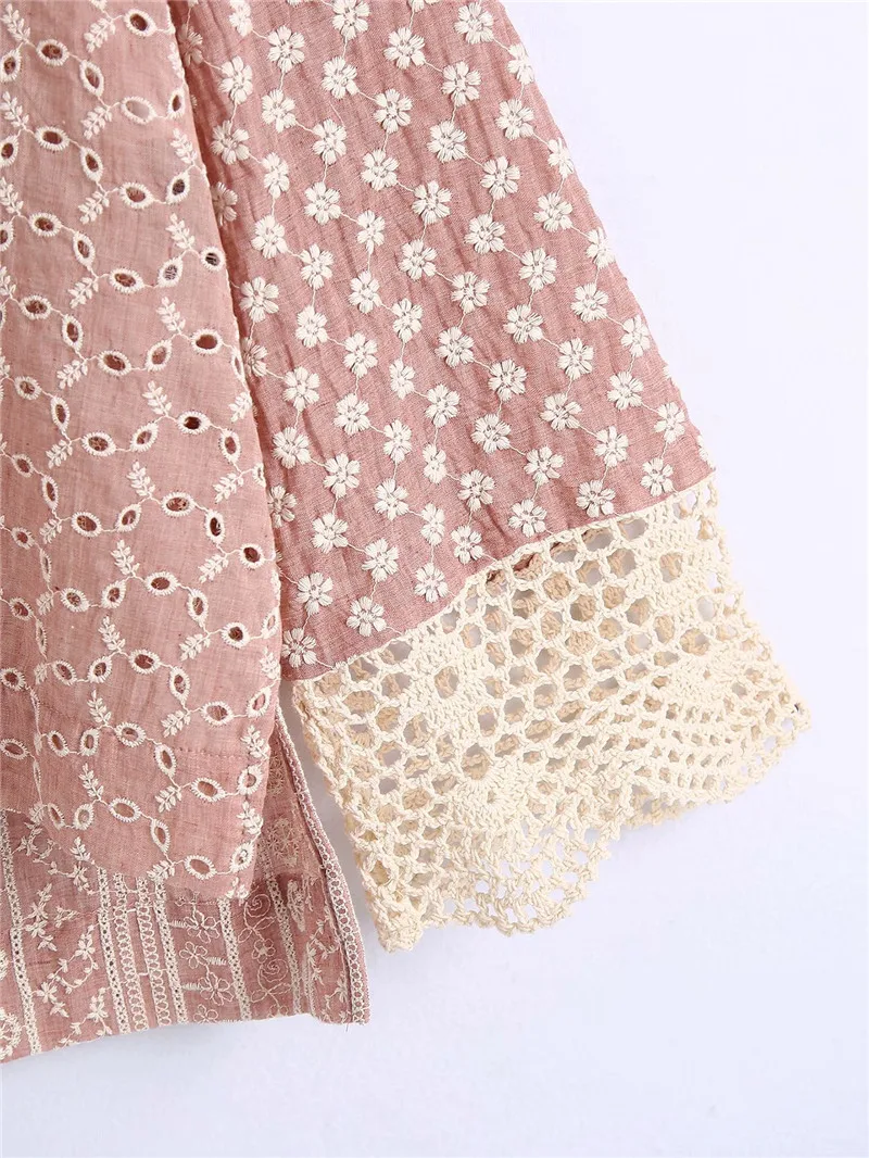 

TMODA1697 2021 Summer Women Hollow Out Embroidery Patchwork Loose Blouses Vintage Long Sleeve Side Vents Female Shirts Chic Tops