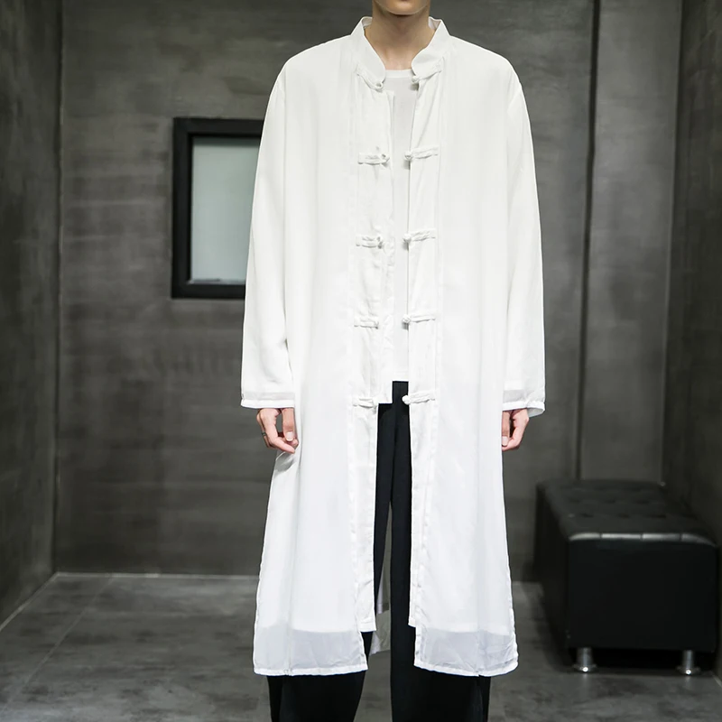 Тренчкот мужской из льна и хлопка длинная свободная ветровка в китайском стиле