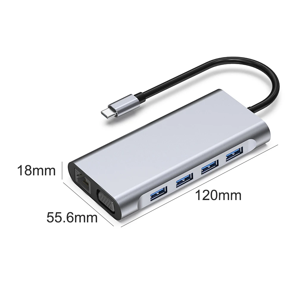 

USB C Hub 11 in 1 Aluminum Multiport Adapter USB 3.1 Type C to USB 3.0 2.0 4K HDMI-Compatible VGA PD RJ45 3.5mm Jack