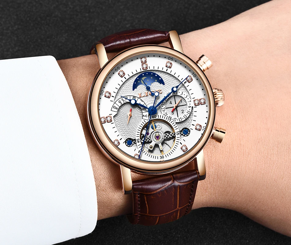 Бренд lige Tourbillon модные часы в деловом стиле автоматические механические часы мужские повседневные Водонепроницаемые кожаные часы Relogio Masculino