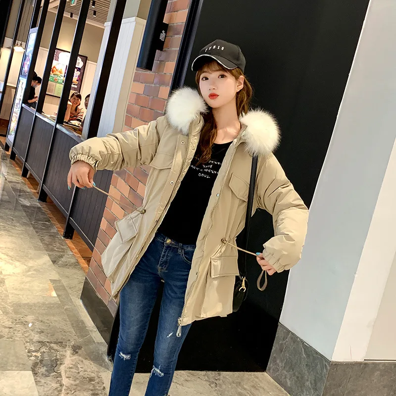 

Autumn and winter new Korean version of the big fur collar padded jacket mid-length waist drawstring parker wind padded overalls