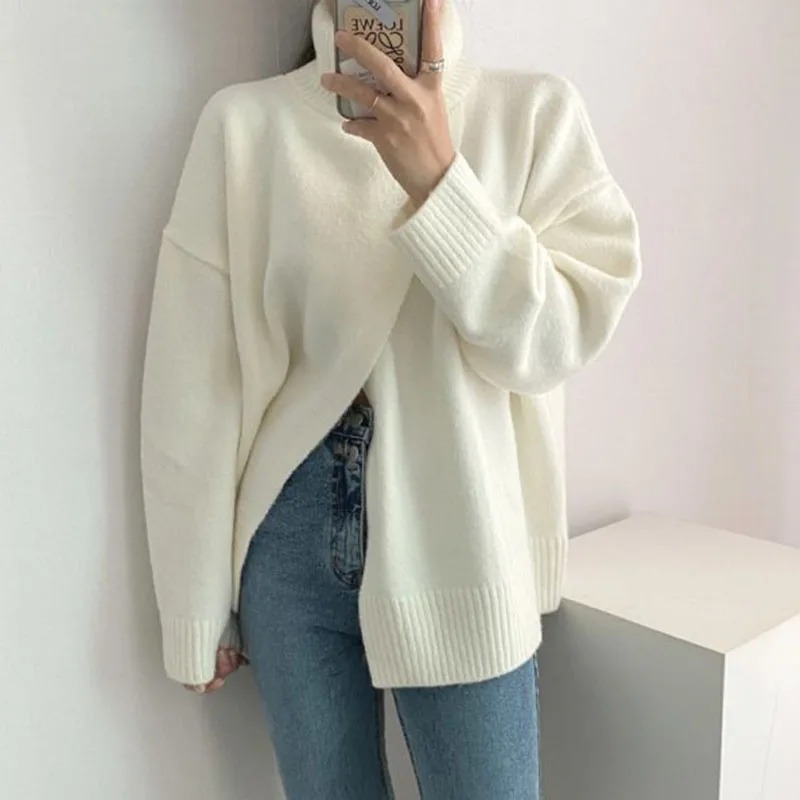 Женский вязаный свитер с разрезом винтажный теплый элегантный пуловер