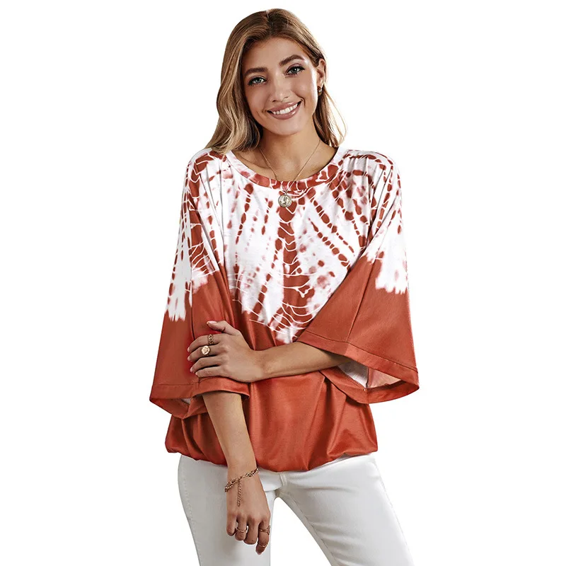 

Женская рубашка с геометрическим рисунком, летняя Модная рубашка с рукавами-колокольчиками, новый стиль, женская рубашка с горизонтальной ...