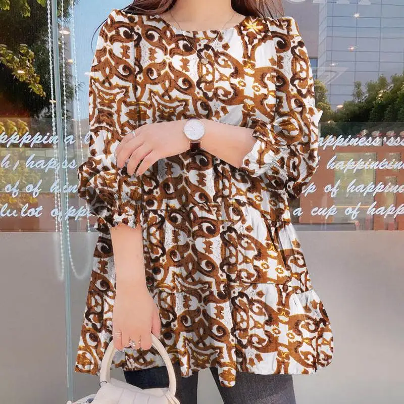 

Oversize Women Vintage Printed Blouse 2021 Summer Ruffle Puff Sleeve Tops Harajuku ZANZEA Casual OL Patchwork Loose Blusa Femme