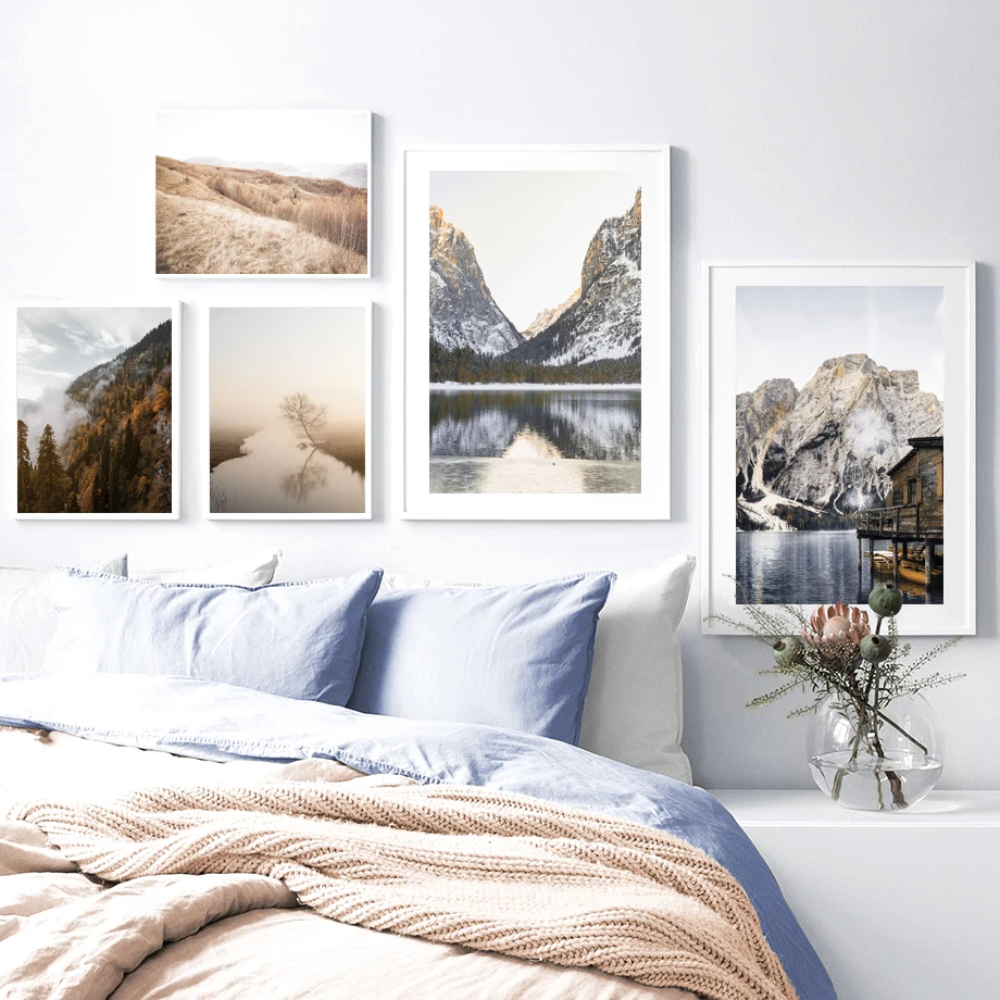 

Mountain Snow Forest Lake Autumn plant Wall Art Canvas Painting Nordic Posters And Prints Wall Pictures For Living Room Decor